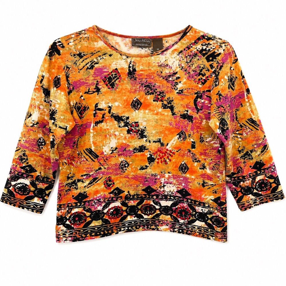 Y2K Jane Ashley Orange Abstract Print Sequin Embellished 100% Cotton Top Size M